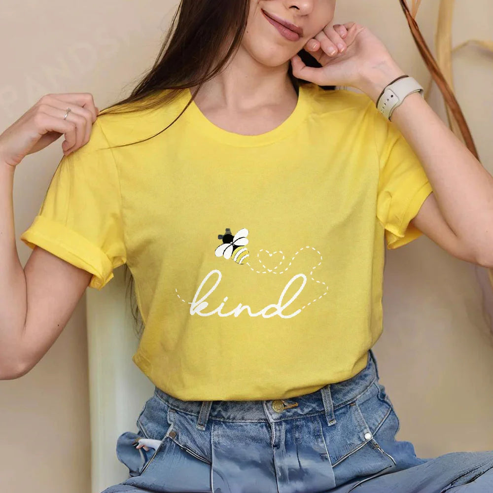 Kind Letter And Bee Print Round Neck Tee For Women Casual