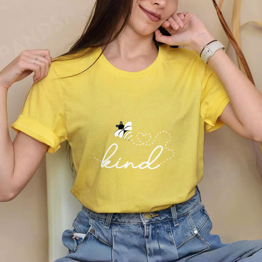 Kind Letter And Bee Print Round Neck Tee For Women Casual