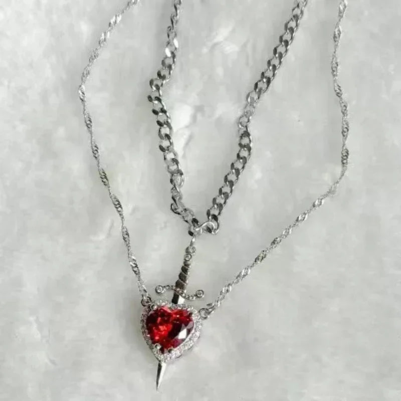 LATS Heart and Sword Zircon Pendant Necklace for Women Men