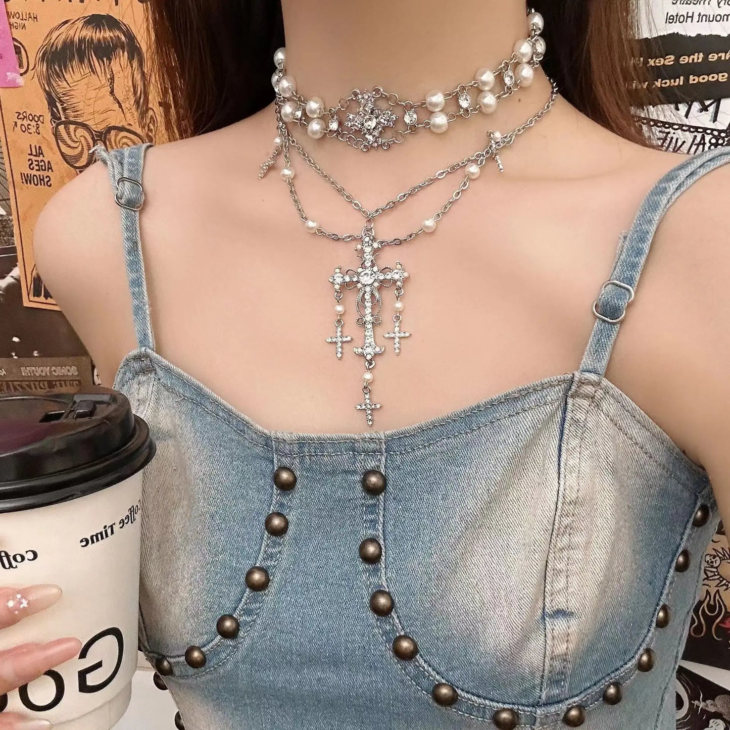 Multilayer Cross Pendant Pearl Chain Necklace For Women