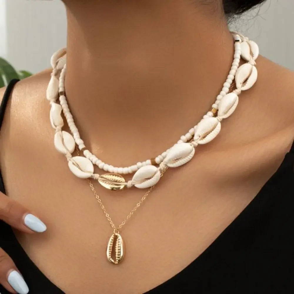 Bohemian Rice Bead Shell Pendant Necklace Multi Layered