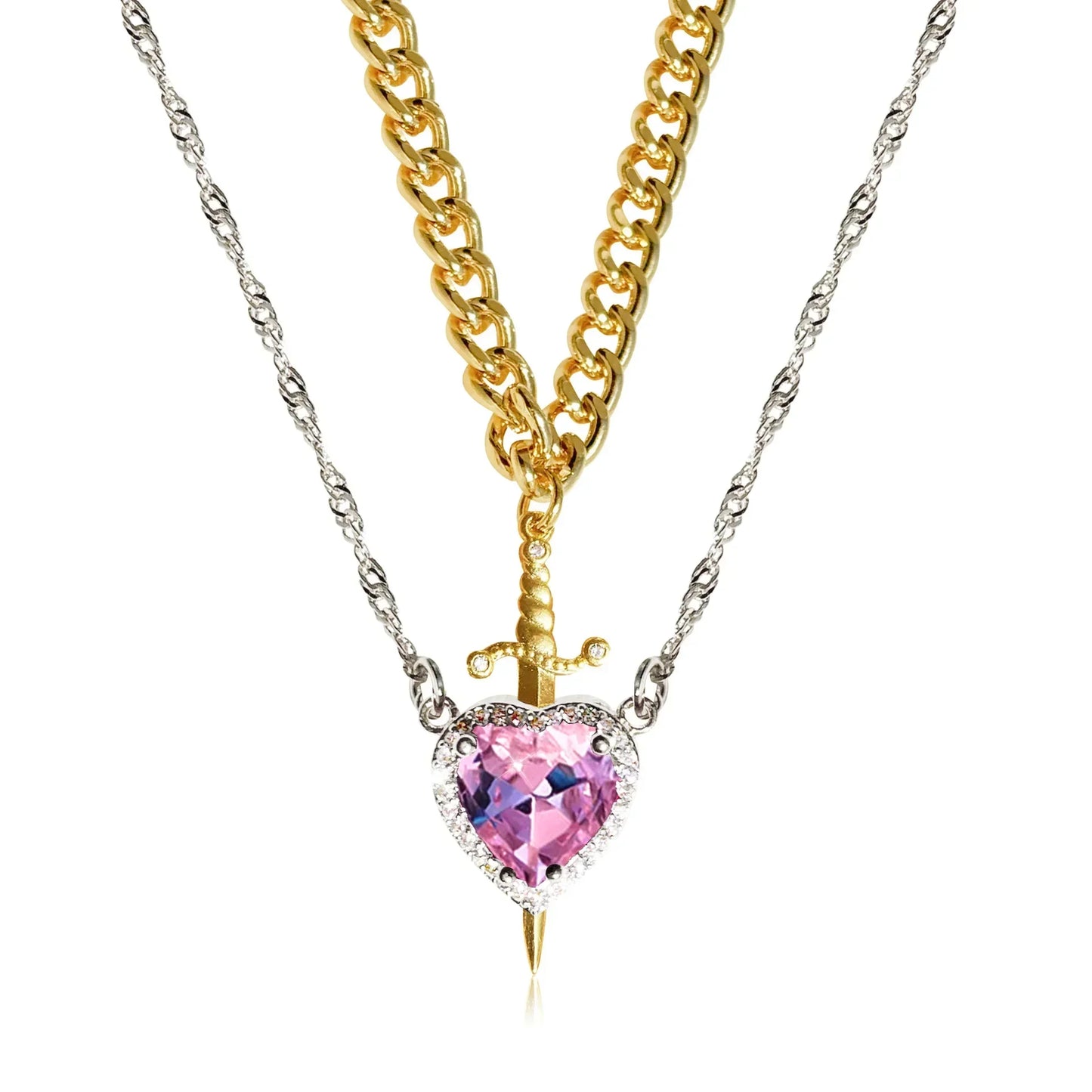 LATS Heart and Sword Zircon Pendant Necklace for Women Men