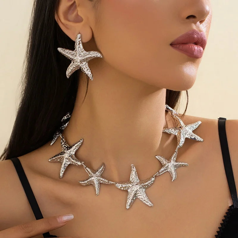 JWER Boho Starfish Pendant Necklace Set Beach Jewelry