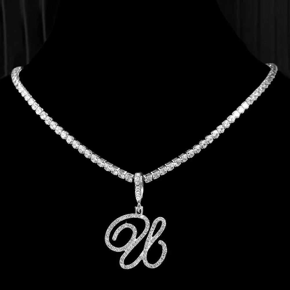 Caraquet Cursive Initial Necklace Cubic Zirconia Chain