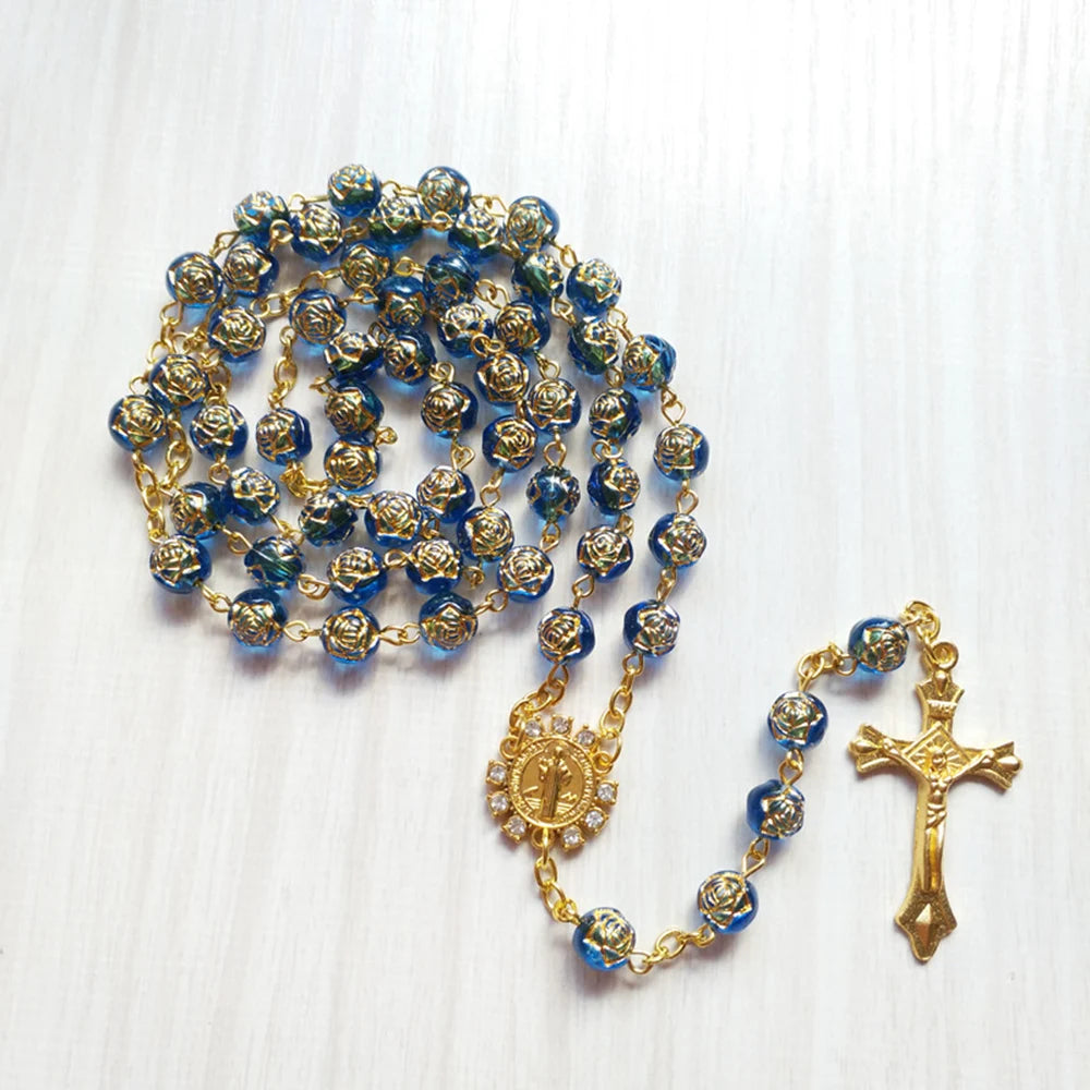 Cottvott Rhinestone Saint Benedict Medal Rosary Necklace