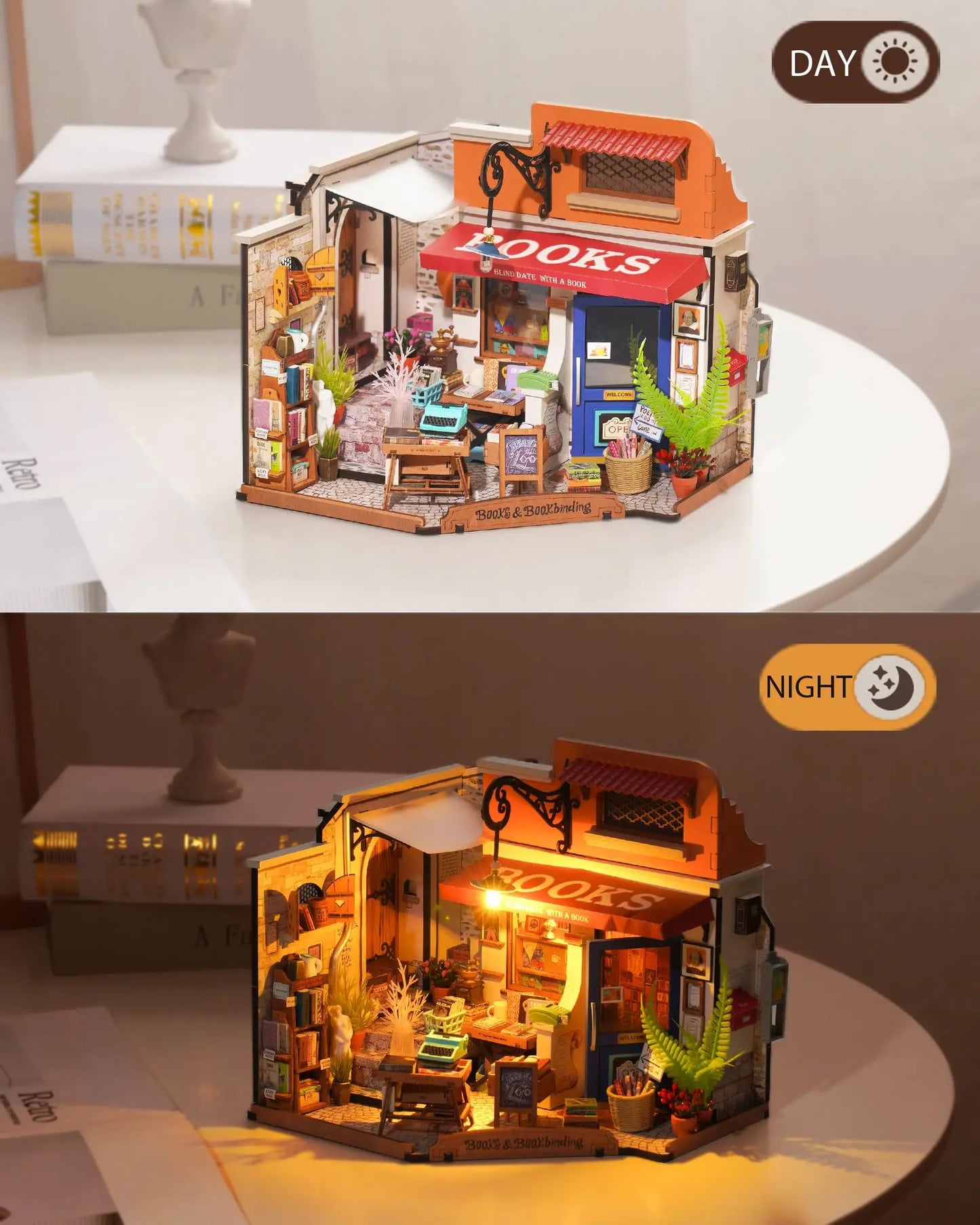 Robotime Corner Bookstore Miniature House Kit With LED