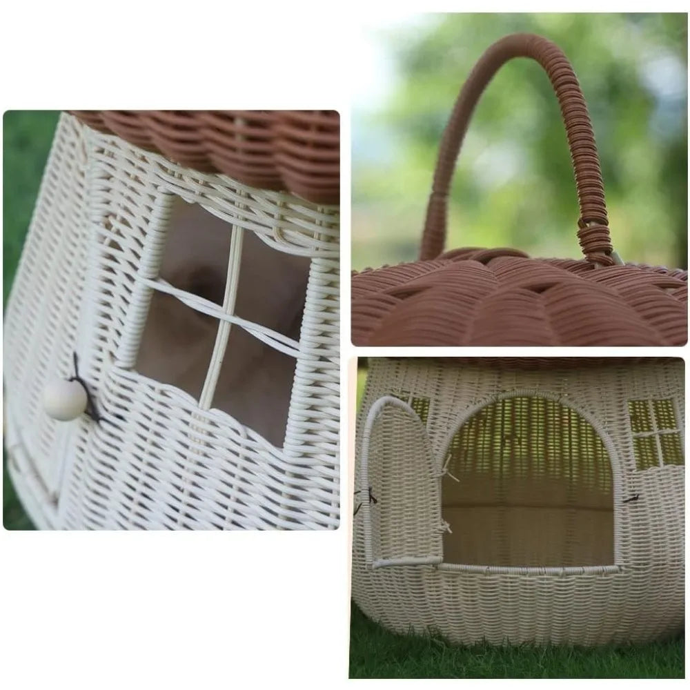 Indoor Rattan Pet Nest Mushroom House Raised Cat Bed