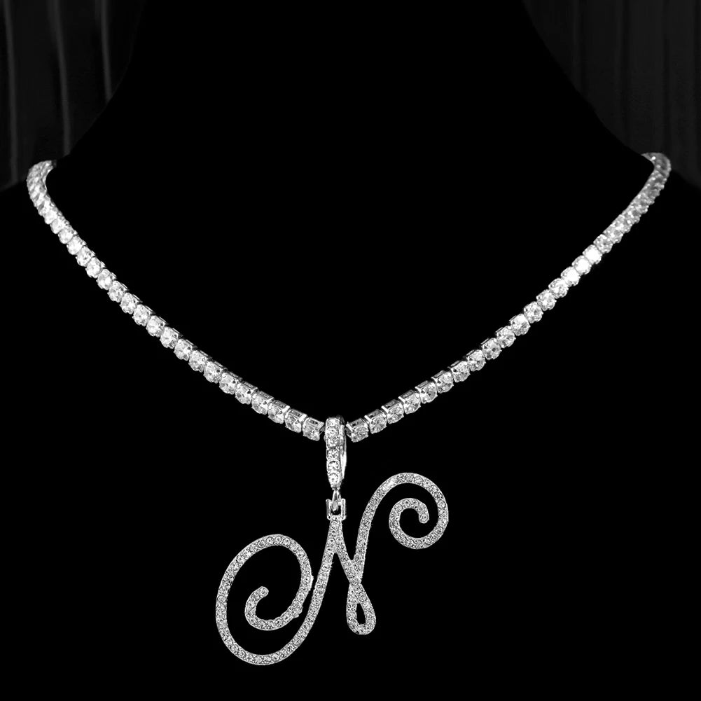 Caraquet Cursive Initial Necklace Cubic Zirconia Chain