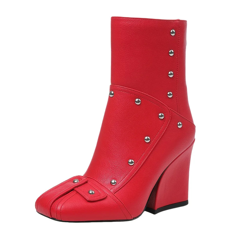 Womens Punk Patchwork Rivet Square Toe Ankle Boots Back Zipper