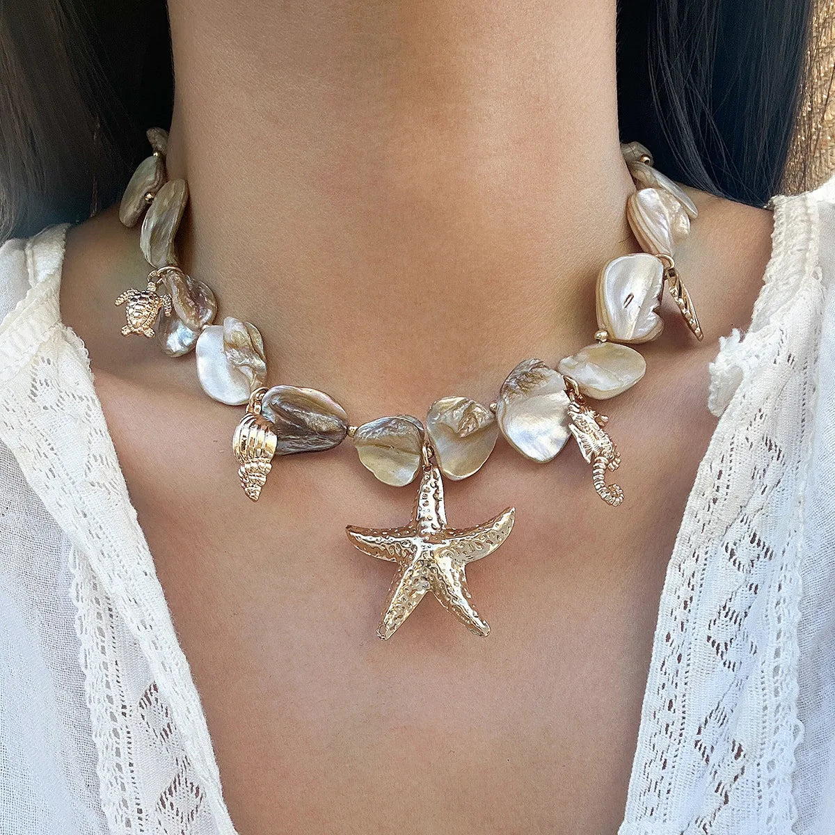 YJ WYWCN Retro Starfish Shell Pendant Necklace Women
