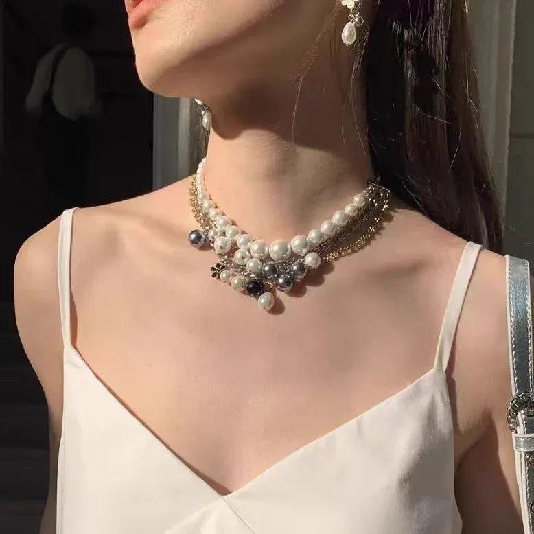 Multilayer Cross Pendant Pearl Chain Necklace For Women