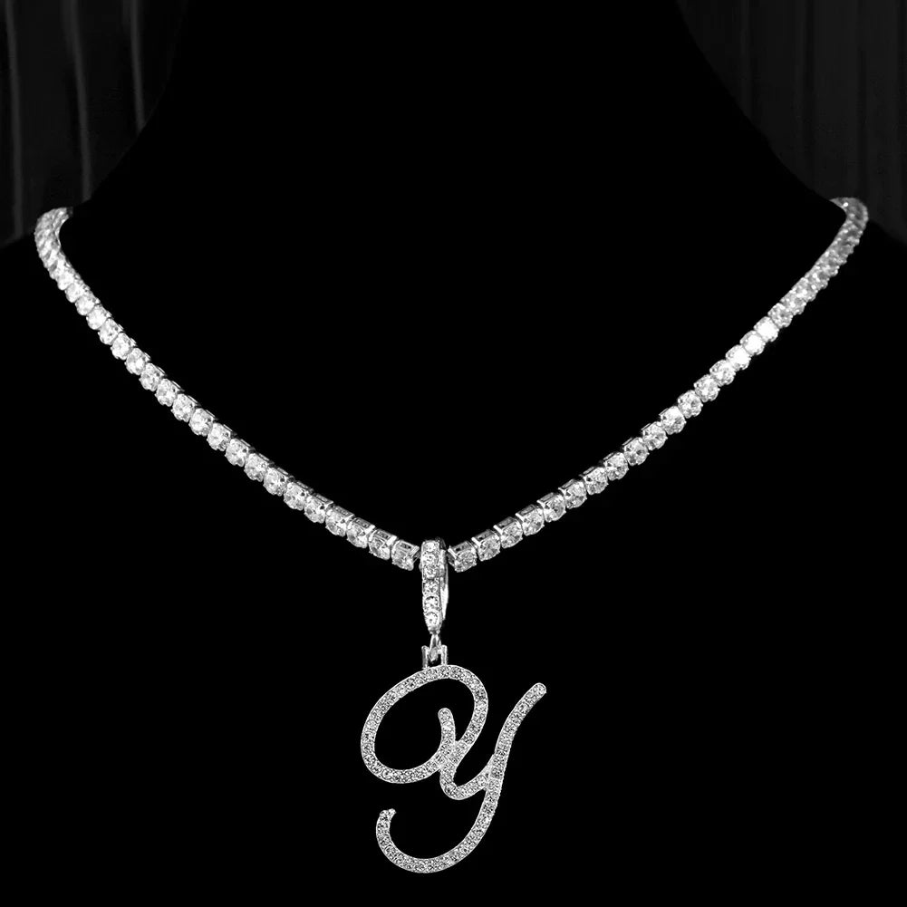 Caraquet Cursive Initial Necklace Cubic Zirconia Chain