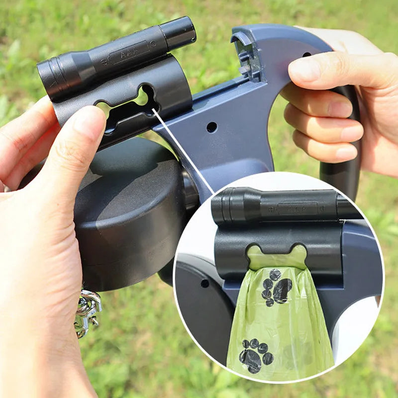 3in1 Retractable Dog Leash Flashlight Poop Bag Dispenser