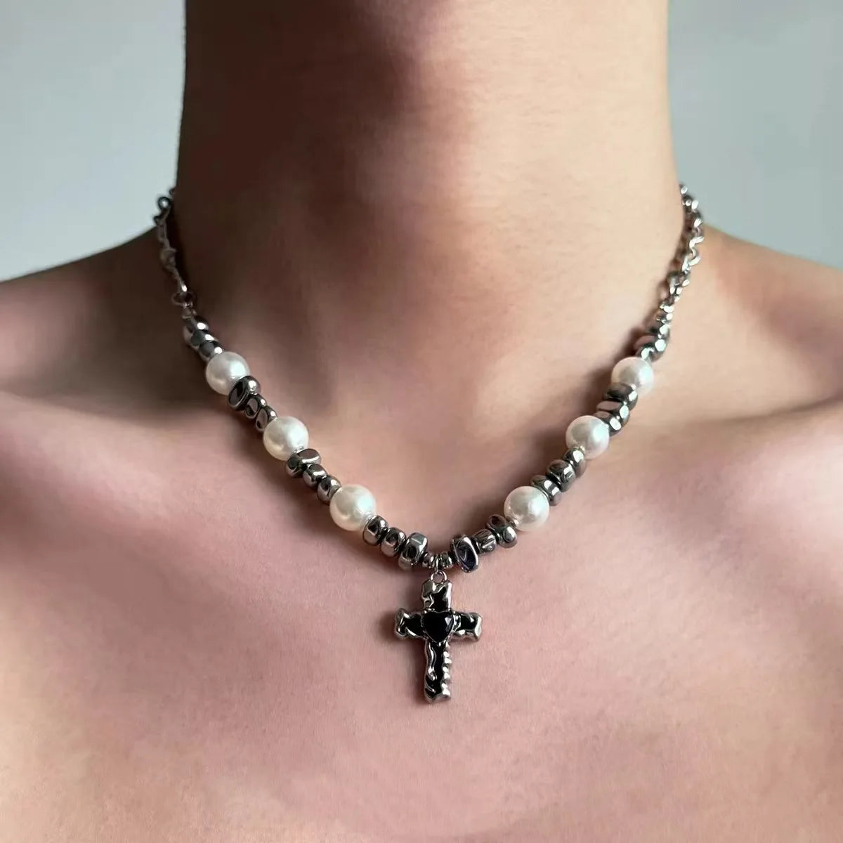 Multilayer Cross Pendant Pearl Chain Necklace For Women