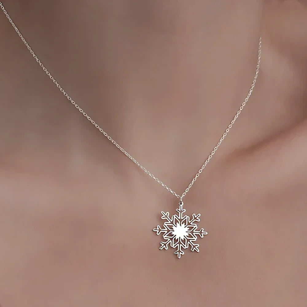 Stainless Steel Snowflake Charm Necklace For Women Pendant