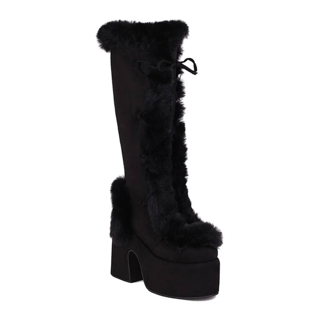 Gigifox Fur Super Chunky Platform Boots Lace-Up For Women