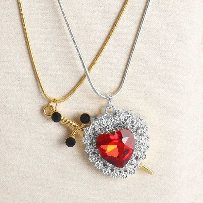 LATS Heart and Sword Zircon Pendant Necklace for Women Men