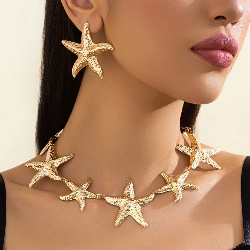JWER Boho Starfish Pendant Necklace Set Beach Jewelry