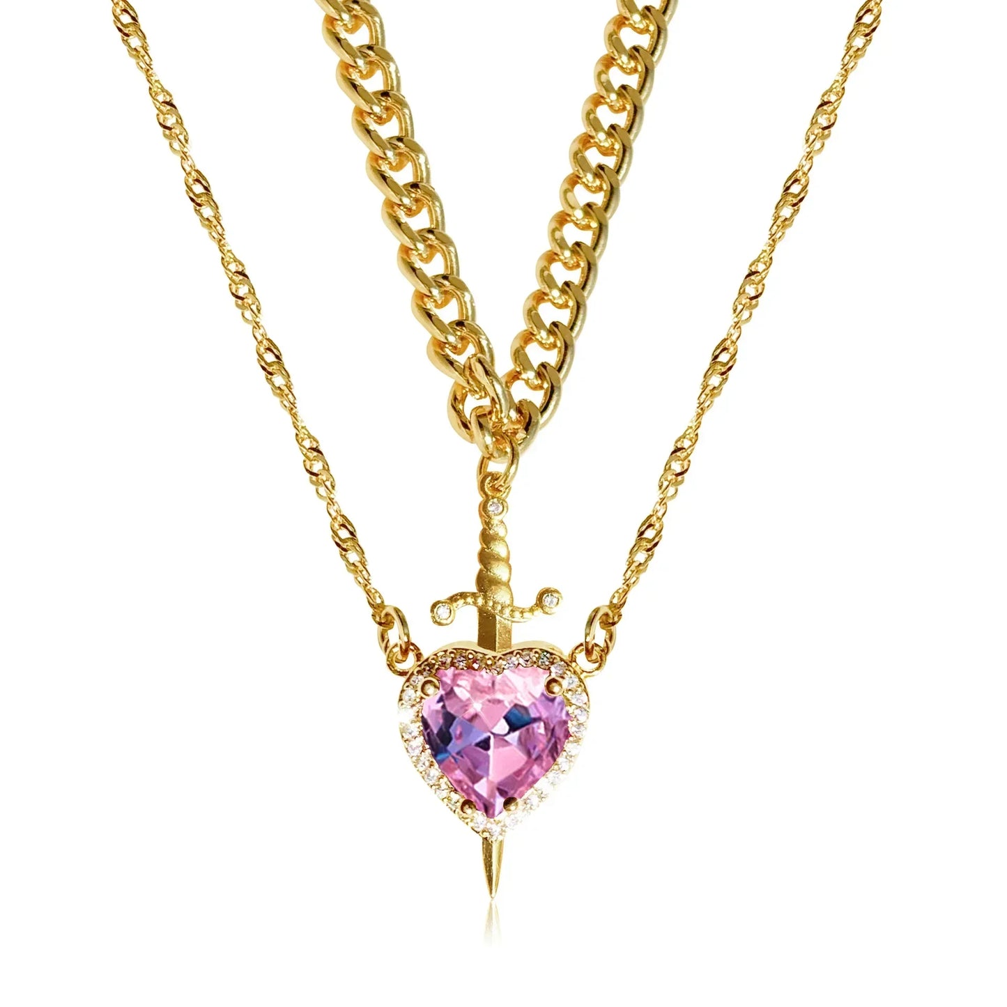 LATS Heart and Sword Zircon Pendant Necklace for Women Men