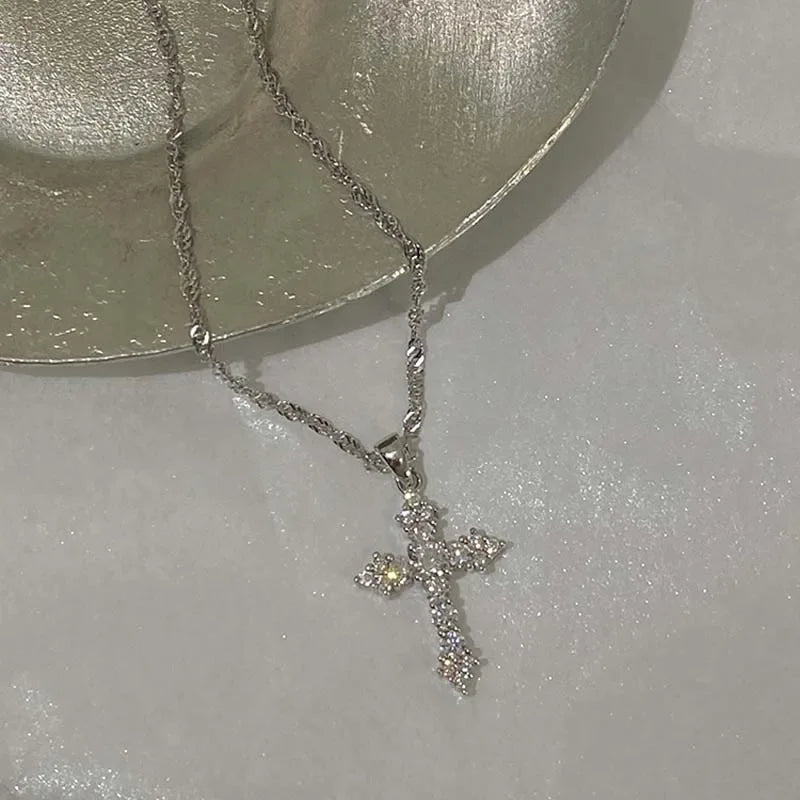 Crystal Zircon Cross Pendant Necklace For Women Punk Style