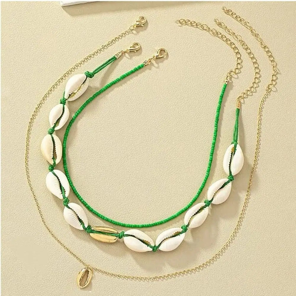 Bohemian Rice Bead Shell Pendant Necklace Multi Layered