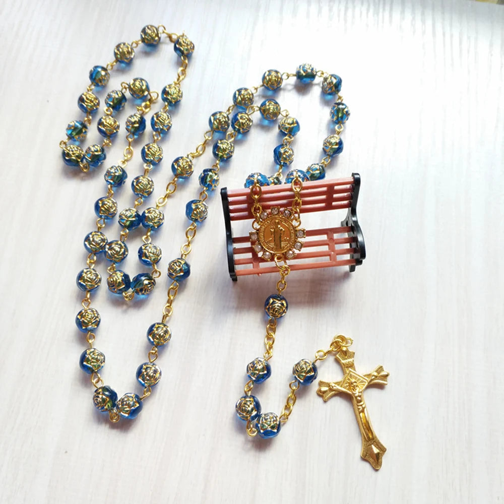 Cottvott Rhinestone Saint Benedict Medal Rosary Necklace