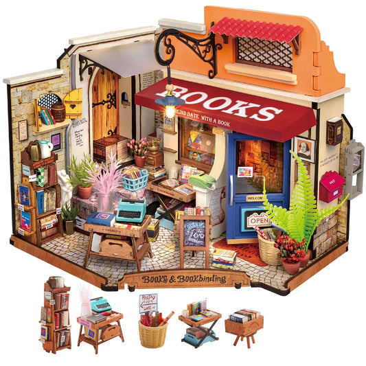 Robotime Corner Bookstore Miniature House Kit With LED