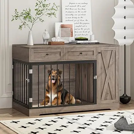 DAFIFY Wooden Dog Crate Kennel Double Doors And Drawers
