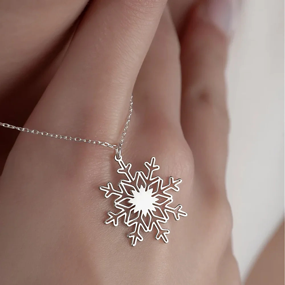 Stainless Steel Snowflake Charm Necklace For Women Pendant