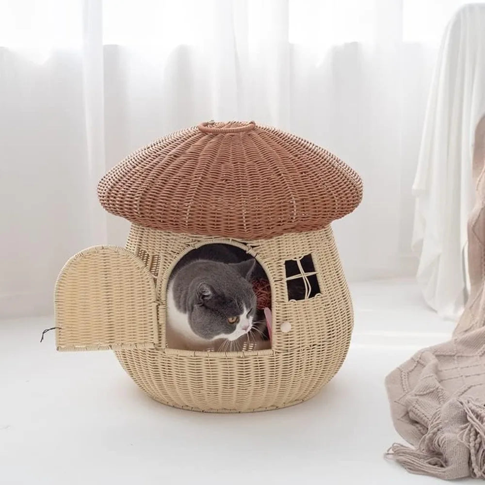 Indoor Rattan Pet Nest Mushroom House Raised Cat Bed