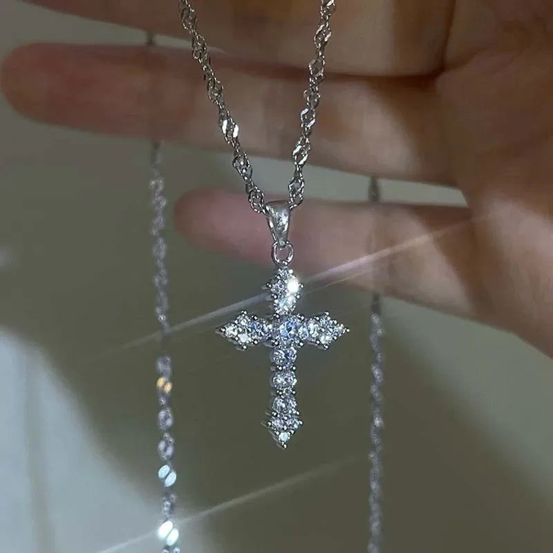 Crystal Zircon Cross Pendant Necklace For Women Punk Style