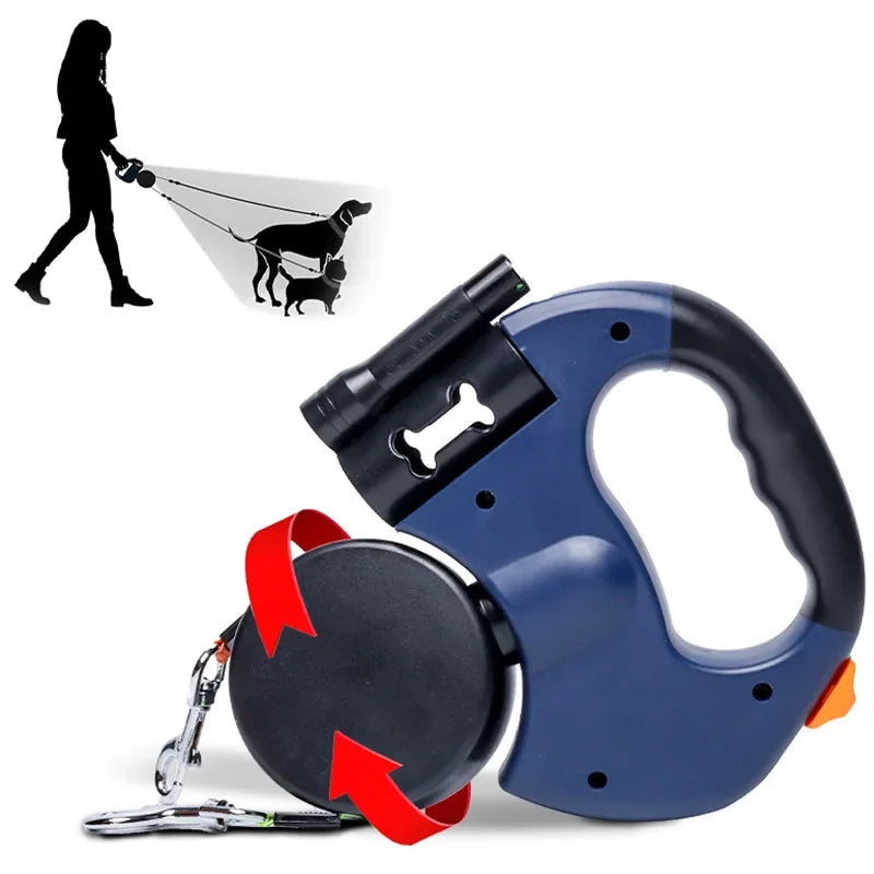 3in1 Retractable Dog Leash Flashlight Poop Bag Dispenser
