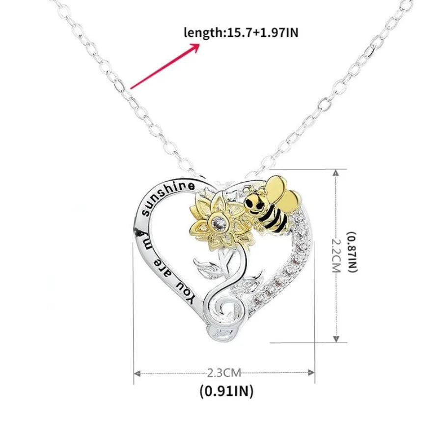 Silver Plated Rhinestone Heart Sunflower Bee Necklace Gift