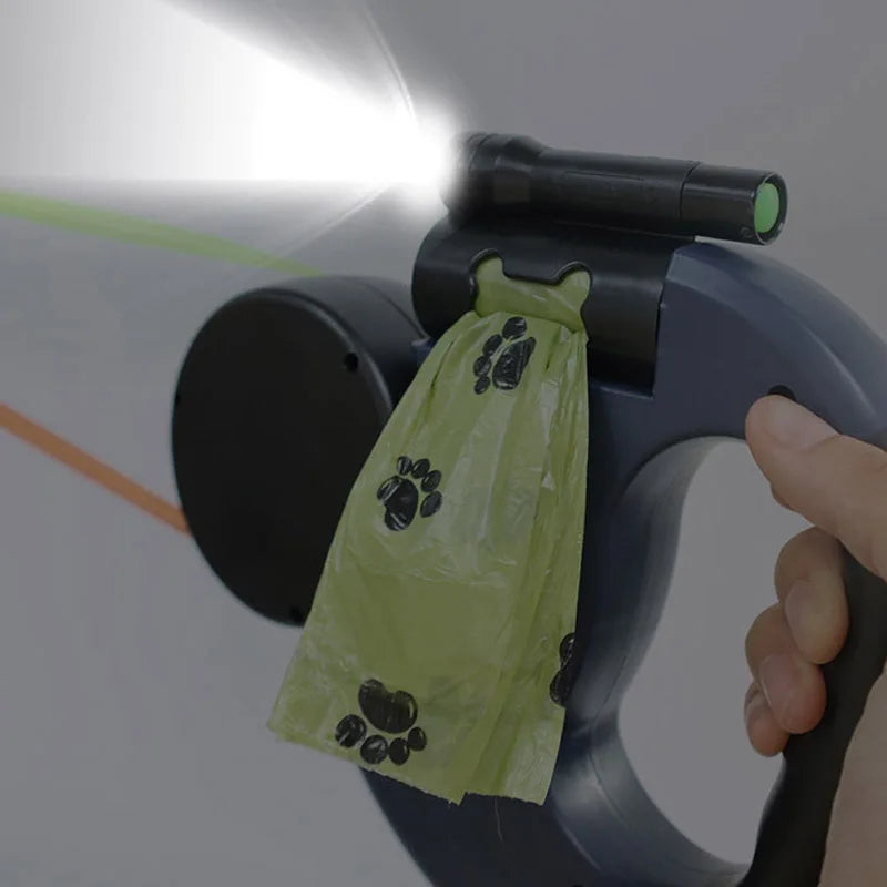 3in1 Retractable Dog Leash Flashlight Poop Bag Dispenser