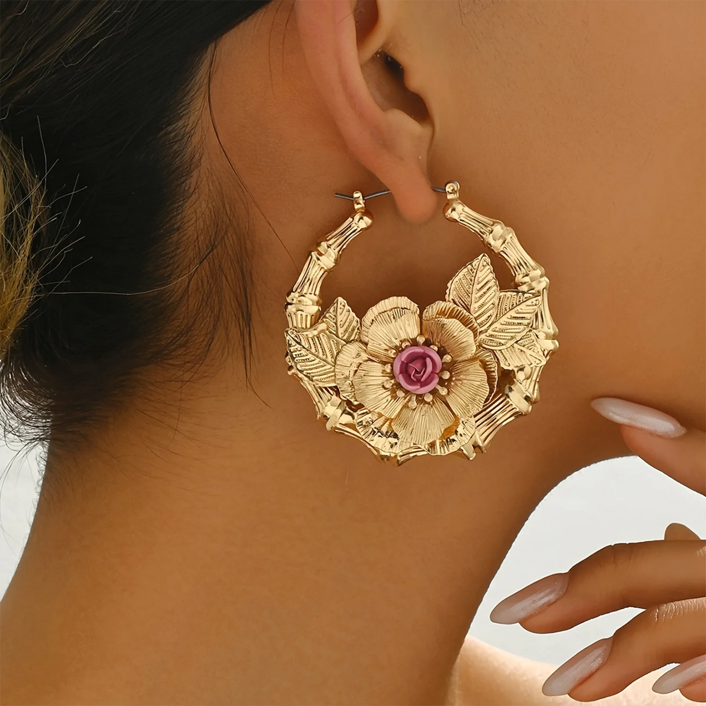 Guangdong Floral Hoop Earrings Boho Leaf Flower Jewelry