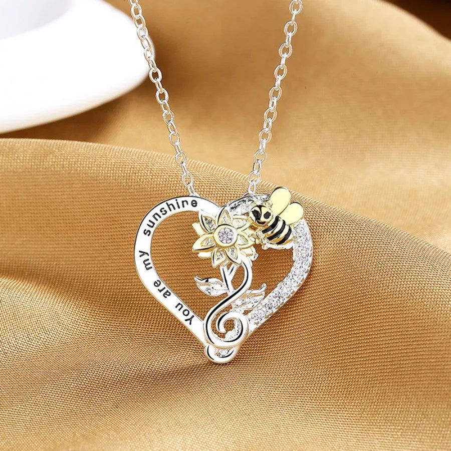 Silver Plated Rhinestone Heart Sunflower Bee Necklace Gift