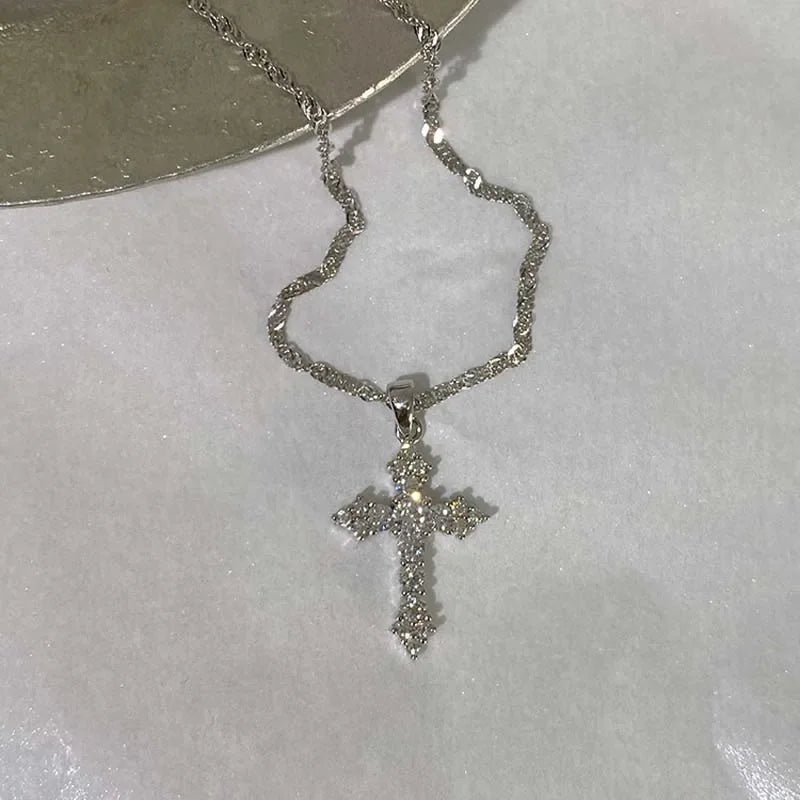Crystal Zircon Cross Pendant Necklace For Women Punk Style