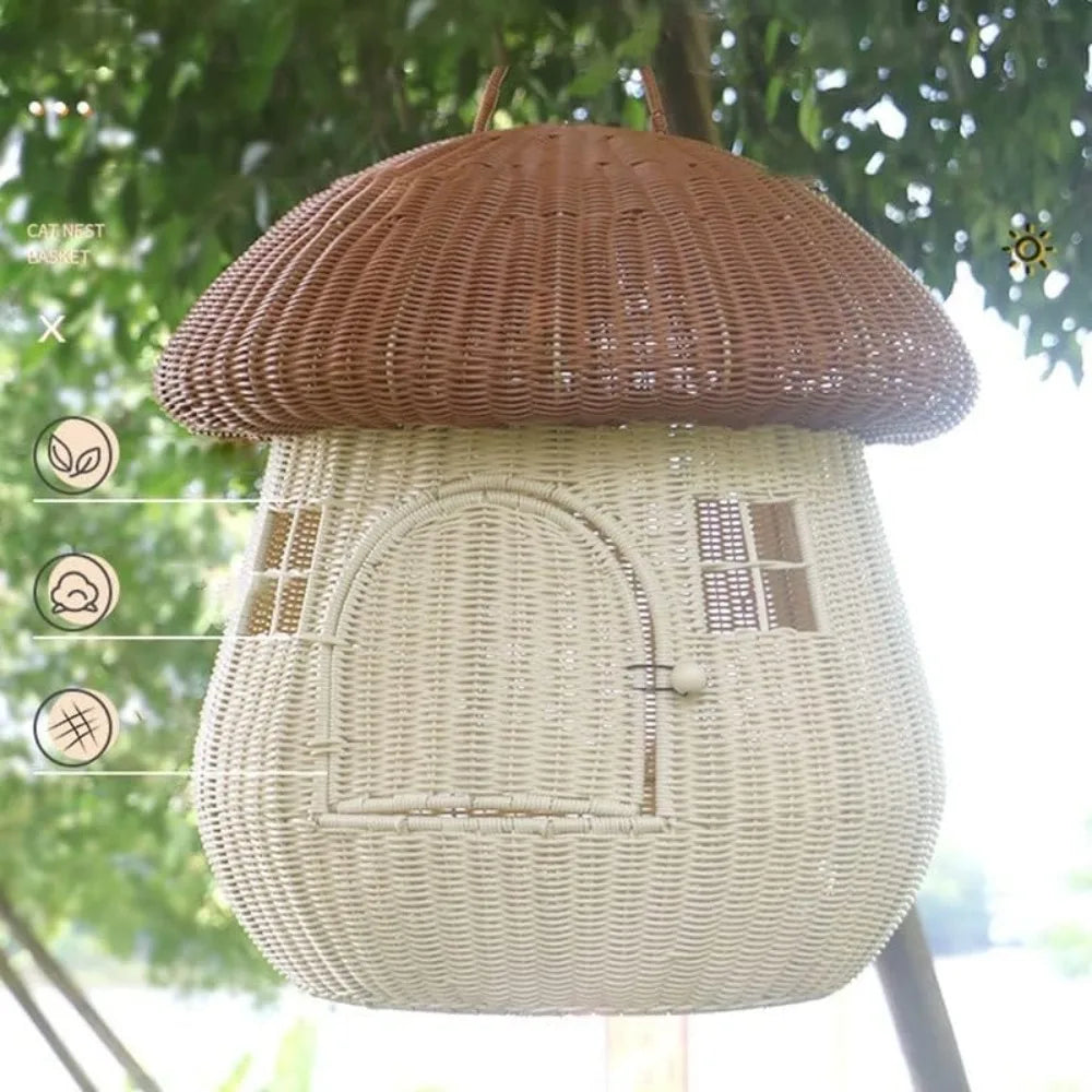 Indoor Rattan Pet Nest Mushroom House Raised Cat Bed