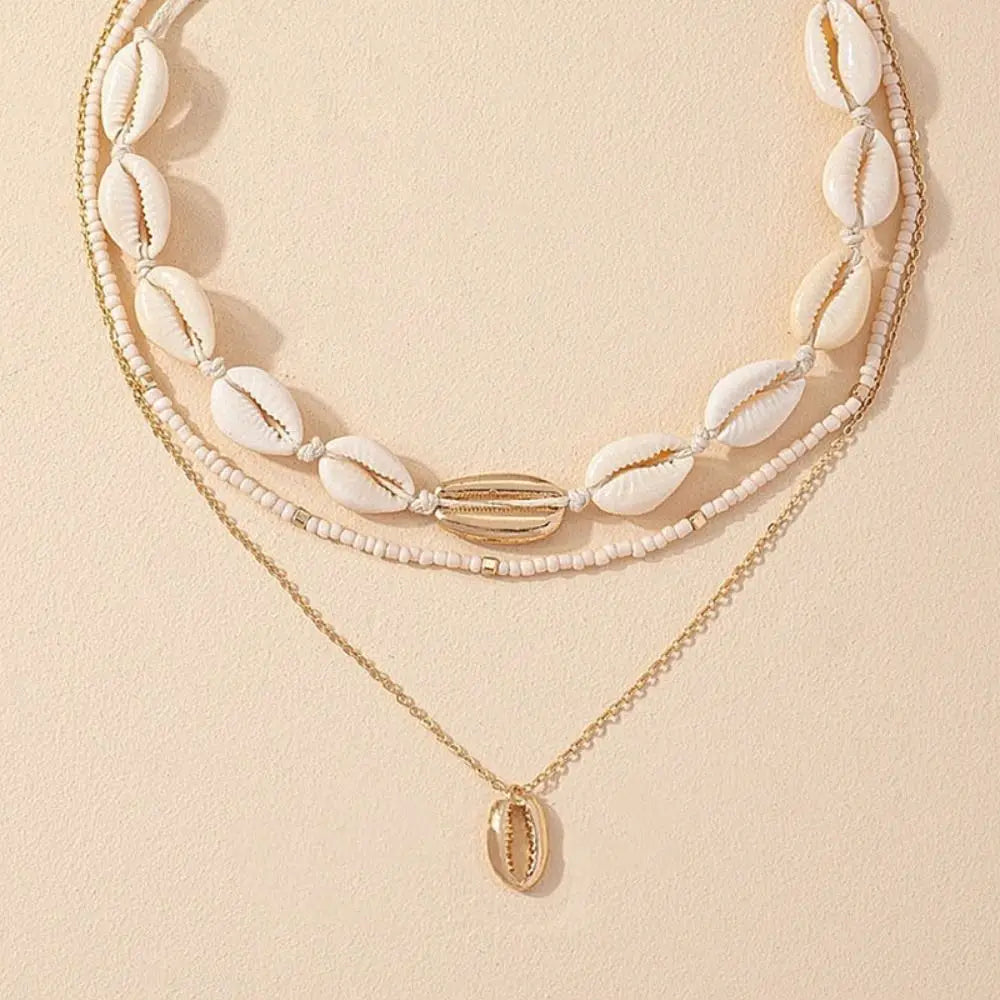 Bohemian Rice Bead Shell Pendant Necklace Multi Layered