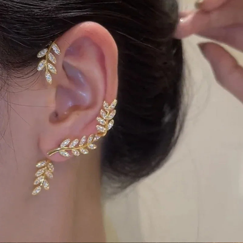 RINHOO FRIENDSHIP Zircon Leaves Ear Cuff Stud Earrings