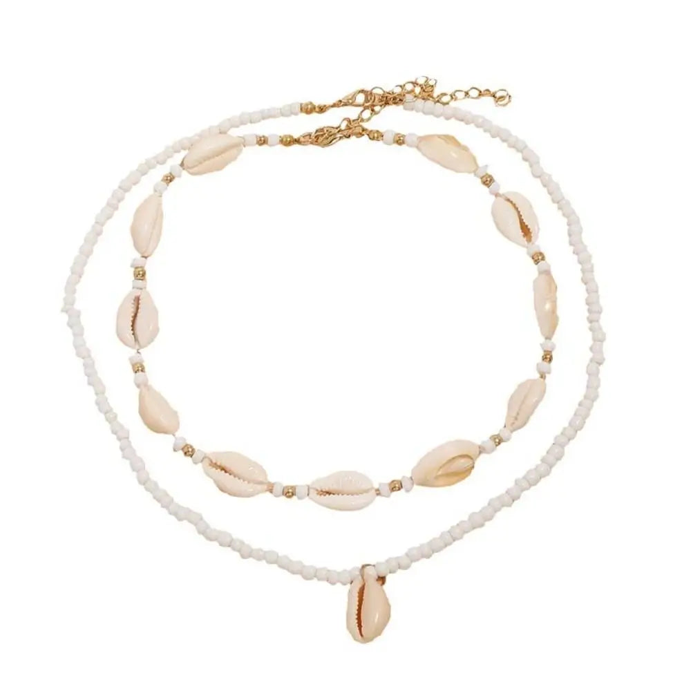 Bohemian Rice Bead Shell Pendant Necklace Multi Layered