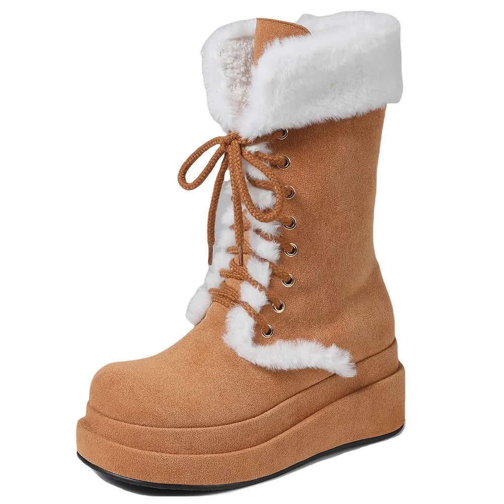Winter Faux Fur Mid Calf Snow Boots Lace Up Wedges