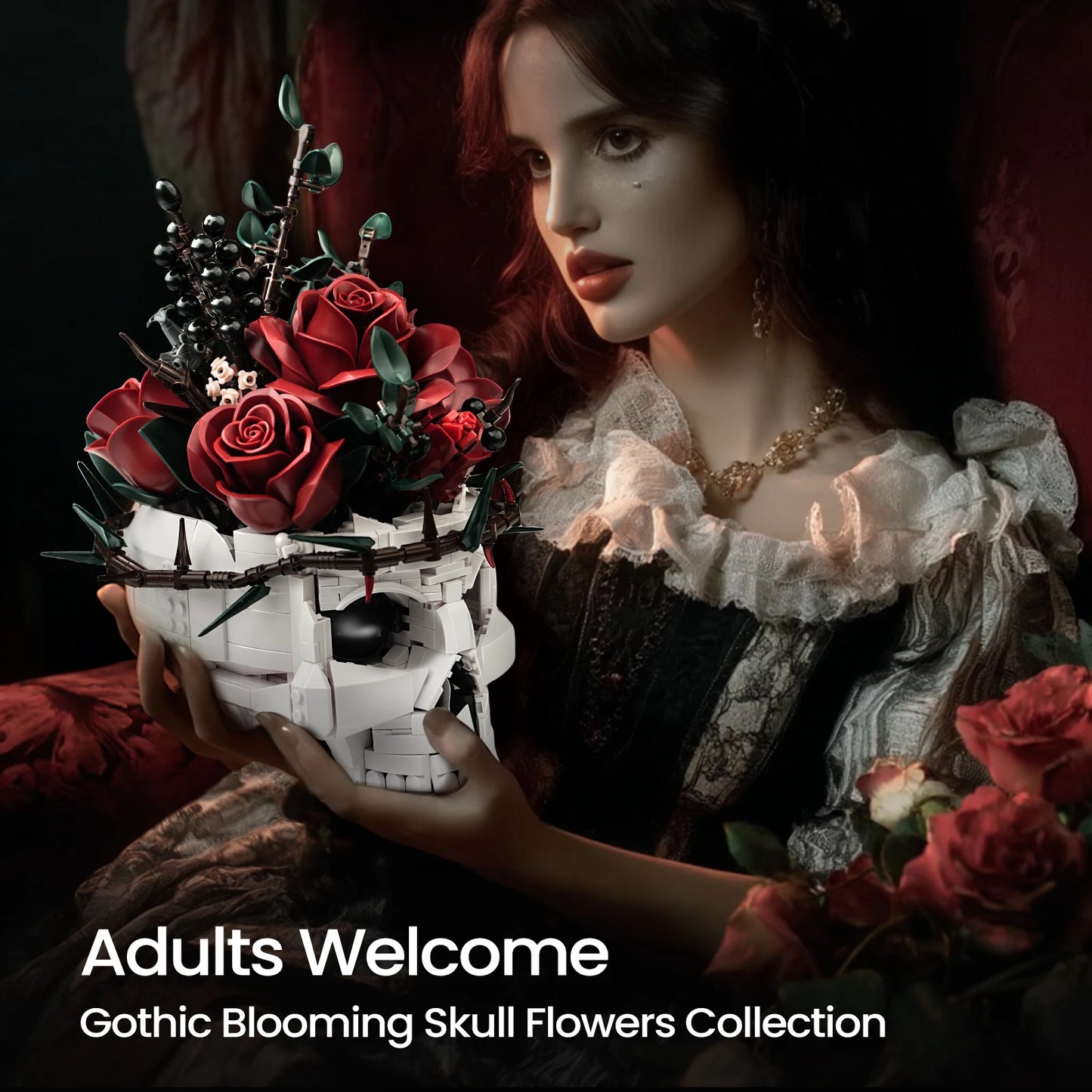 SupreOwls Skull Flowers Building Blocks Set Gothic Roses