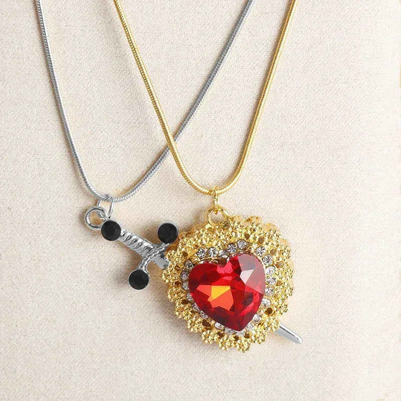 LATS Heart and Sword Zircon Pendant Necklace for Women Men