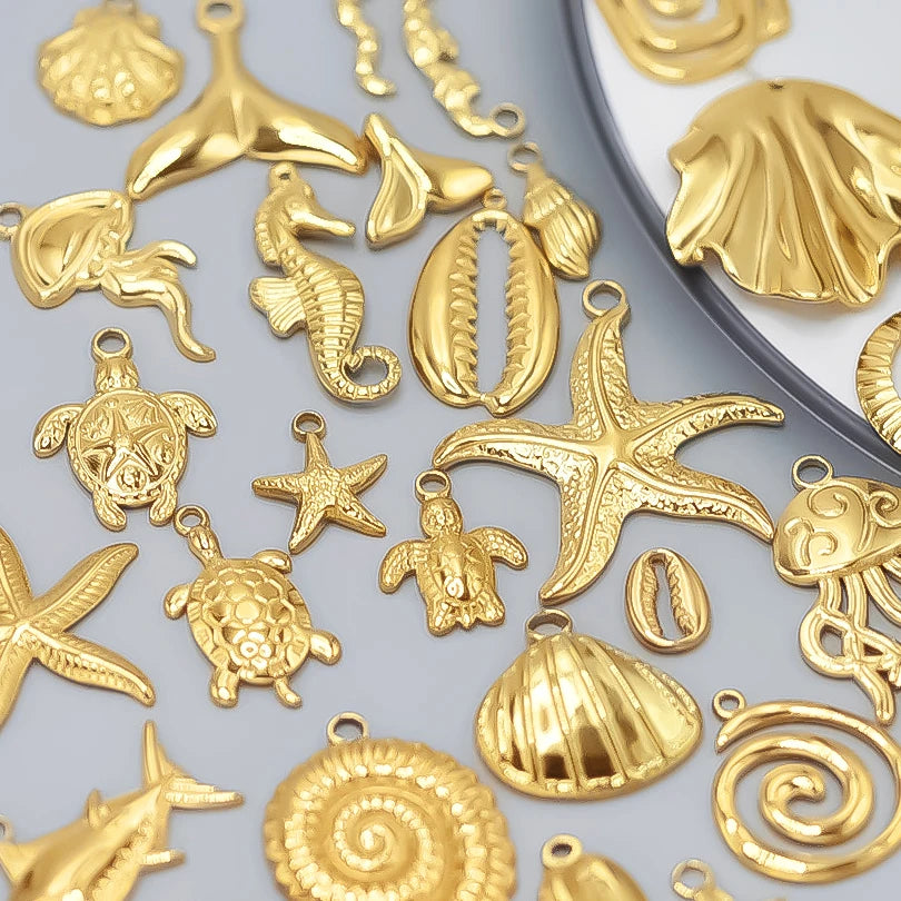 6Pcs GLOWCAT Real Gold Plated Ocean Charms Turtle Starfish