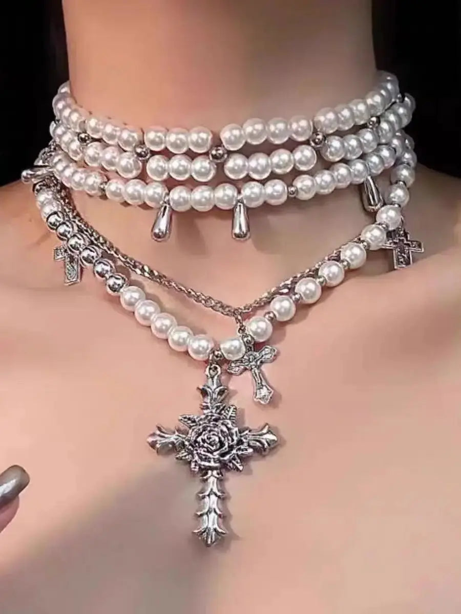 Multilayer Cross Pendant Pearl Chain Necklace For Women