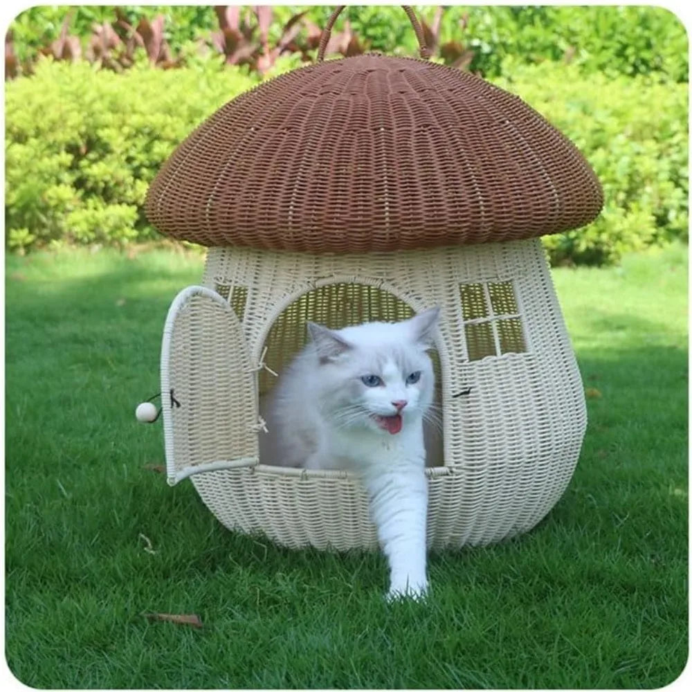 Indoor Rattan Pet Nest Mushroom House Raised Cat Bed
