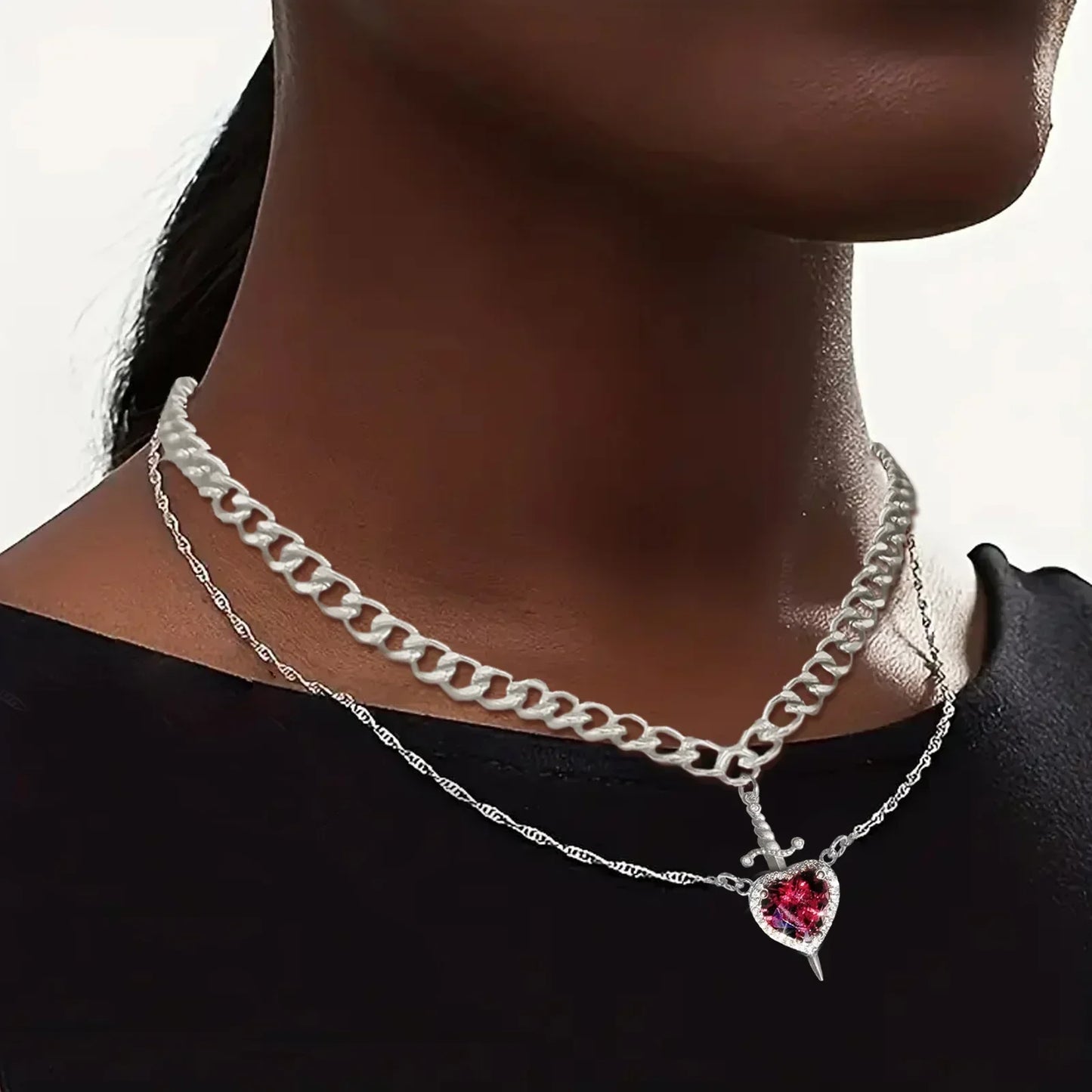 LATS Heart and Sword Zircon Pendant Necklace for Women Men