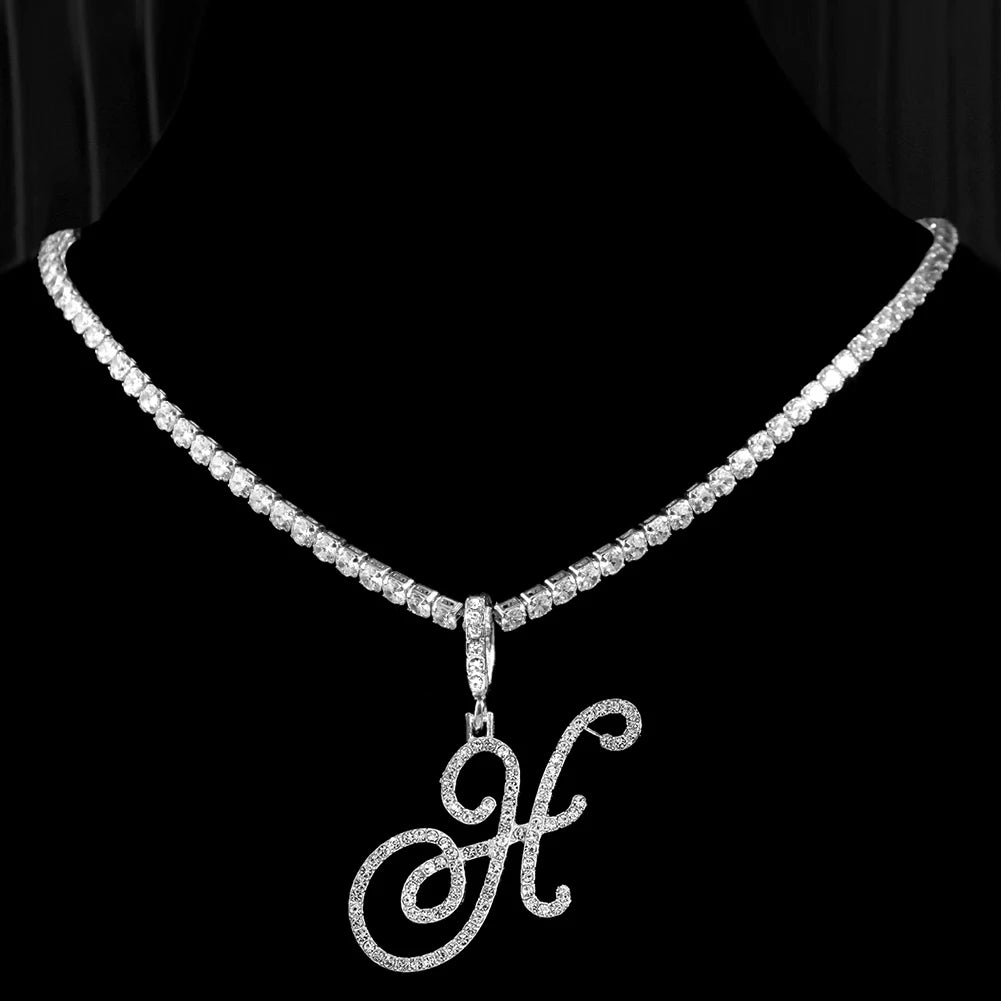 Caraquet Cursive Initial Necklace Cubic Zirconia Chain
