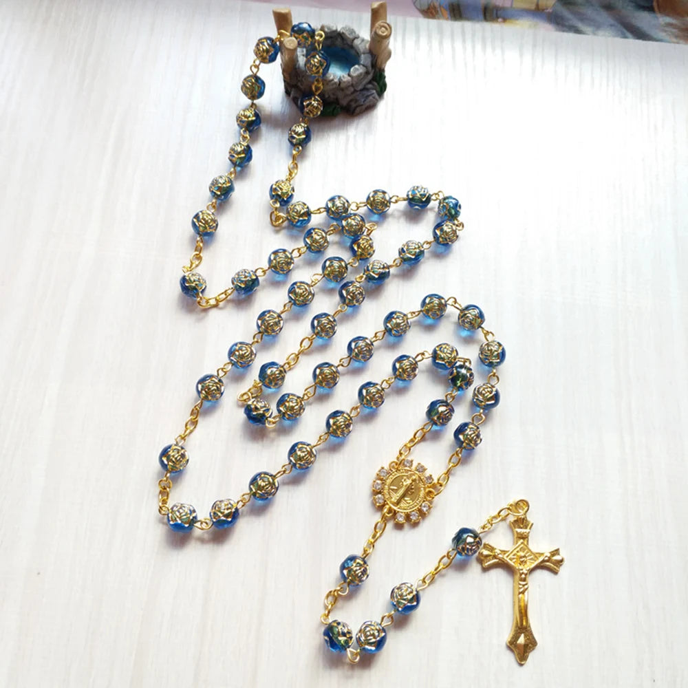 Cottvott Rhinestone Saint Benedict Medal Rosary Necklace